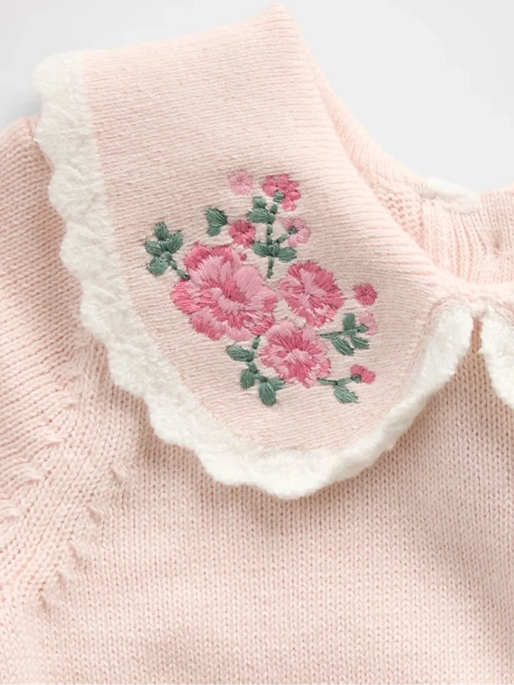 Soft Pink Embroidered Floral Collar Knit Sweater Bodysuit for Baby